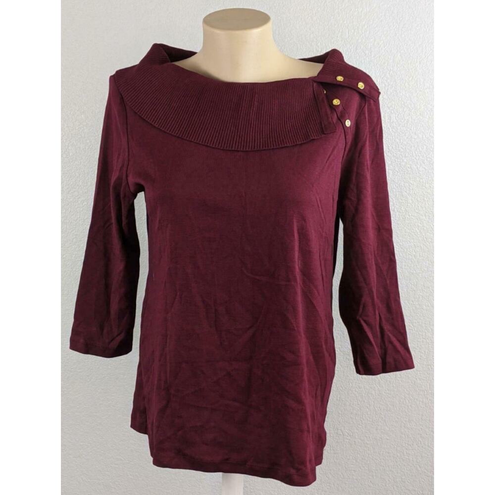 Karen Scott Envelope Sweater‎ PM Red Shawl Collar Career Gold Button Accent Work
